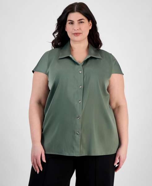 Plus Size Cap-Sleeve Satin Collared Blouse