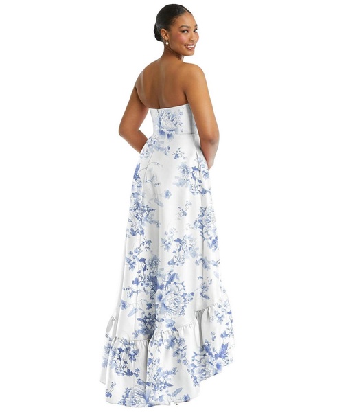 Plus Size Strapless Floral High-Low Ruffle Hem Maxi Dress with Pockets