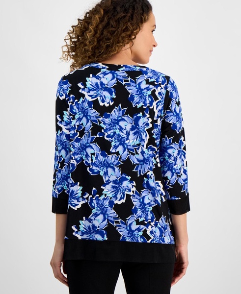 Petite 3/4-Sleeve Solid-Trim Printed Tunic 