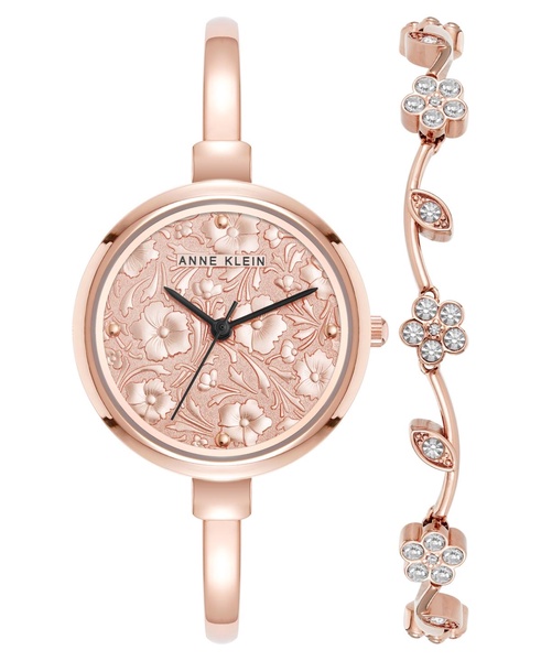 Women's Quartz Charming Floral Rose Gold-Tone Metal Alloy Watch Set, 32mm