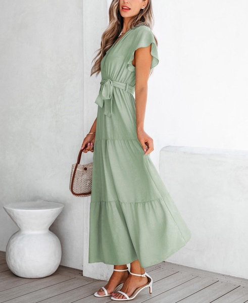 Women's Sage Green Surplice Ruffled Maxi Beach Dress