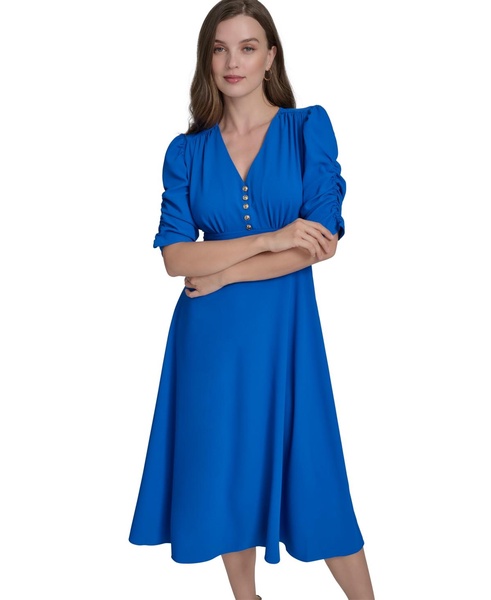 Women's V-Neck Shirred-Sleeve Flared Dress