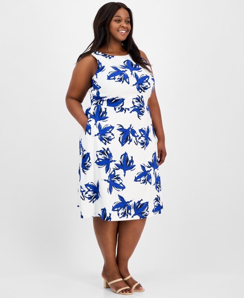 Plus Size Floral-Print Linen-Blend Fit & Flare Dress
