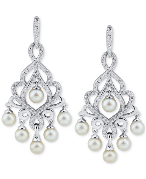 Cultured Freshwater Pearl (4-4-1/2mm) & Cubic Zirconia Chandelier Drop Earrings in Sterling Silver