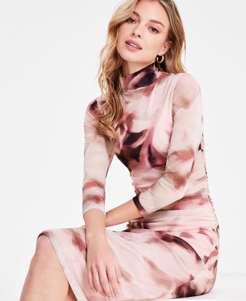 Women's Turtleneck Watercolor Mesh Dress, Exclusively at Macy's
