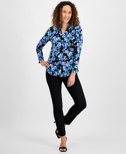 Petite Long-Sleeve V-Neck Collar Printed Top
