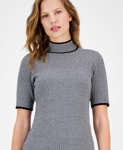 Women's Printed Mock-Neck Short-Sleeve Sweater 