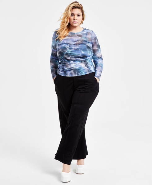 Trendy Plus Printed-Mesh Long-Sleeve Ruched Top, Exclusively at Macy's