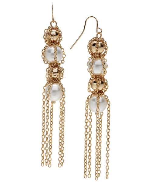 Gold-Tone Chain-Wrapped Bead & Imitation Pearl Statement Earrings, Created for Macy's