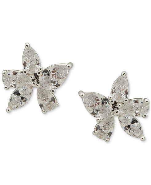 Silver-Tone Crystal Flower Stud Earrings