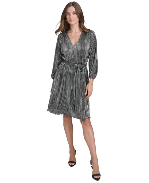 Women's Metallic-Stripe Tie-Waist V-Neck Dress