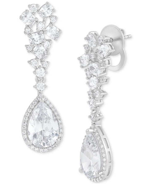Cubic Zirconia Pear Halo Cluster Drop Earrings in Sterling Silver