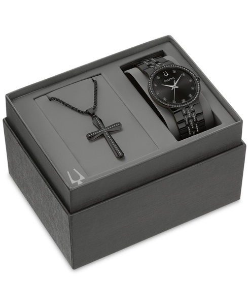 Men's Classic Crystal Black-Tone Stainless Steel Bracelet Watch 40mm Gift Set