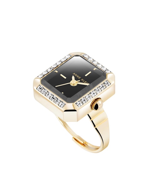 Women's Quartz Octagonal Black and Gold-Tone Metal Alloy Crystal Ring Watch, 19mm
