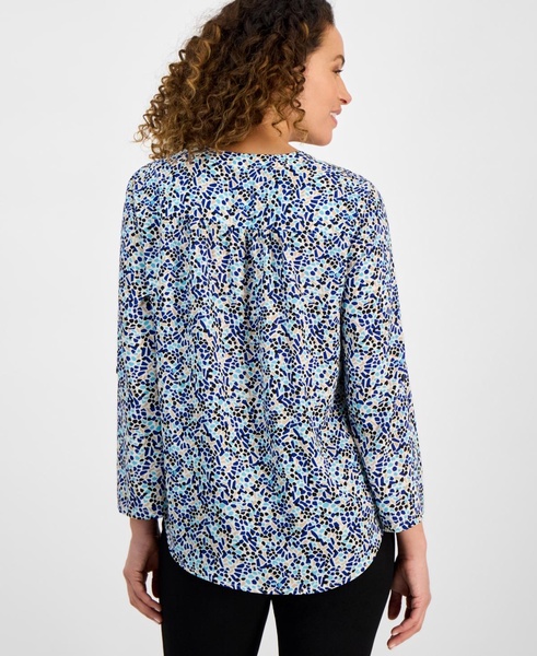 Petite Long-Sleeve V-Neck Pleat-Front Printed Tunic 