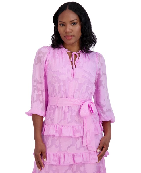 Women's V-Neck Tiered Ruffle-Trim Tie-Waist Dress