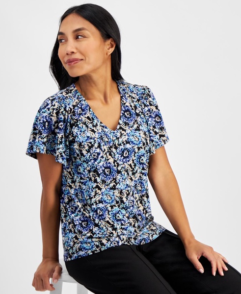 Petite Floral-Print Raglan-Sleeve Top