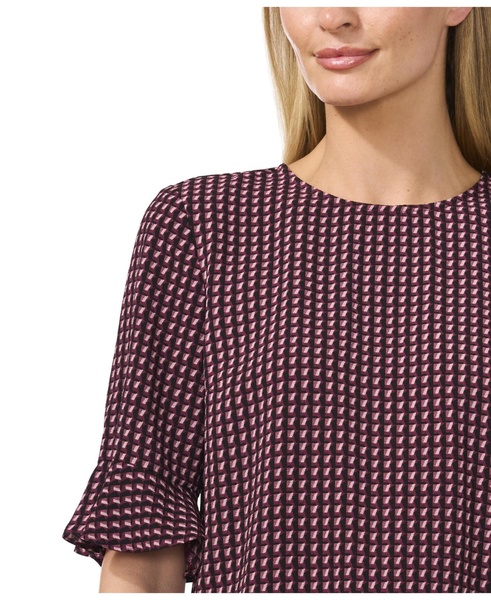 Women's Printed Crewneck 3/4-Sleeve Ruffled Cuff Blouse
