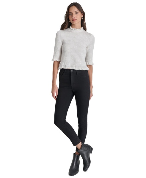 Women's Sequin Smocked Elbow-Sleeve Top
