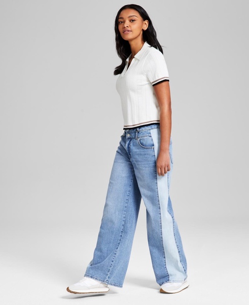 Petite Two-Tone Wide-Leg Double-Waist Jeans, Exclusively at Macy's