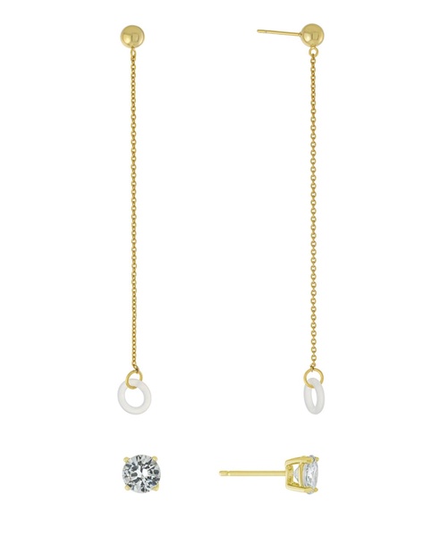 Cubic Zirconia Studs and Chain Drop Air Pods Holder in Gold Over Silver Plated
