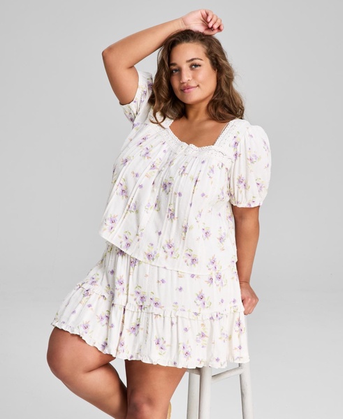 Plus Size Floral-Print Lace-Trim Blouse