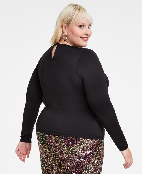 Trendy Plus Size Rhinestone-Trim Long-Sleeve Top, Exclusively at Macy's