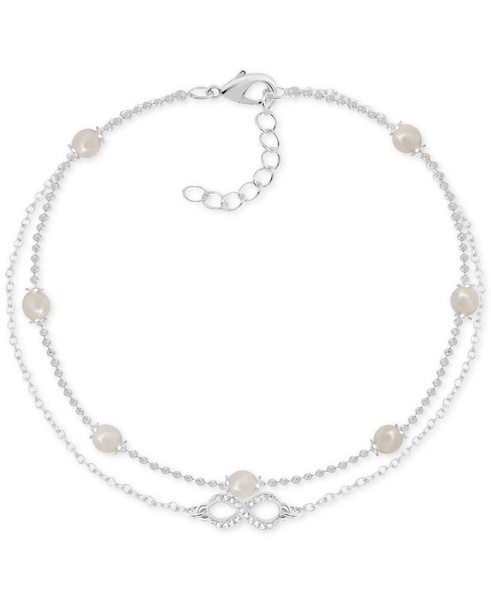 Imitation Pearl & Crystal Infinity Double Row Ankle Bracelet in Silver-Plate