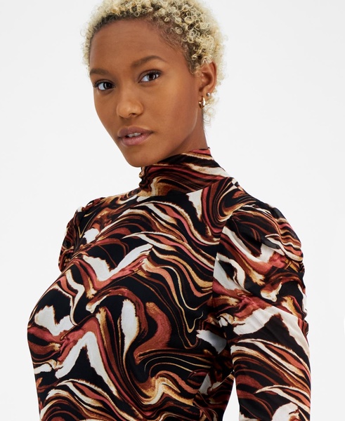 Women's Printed Mock-Neck Long-Sleeve Mesh Top, Created for Macy's 