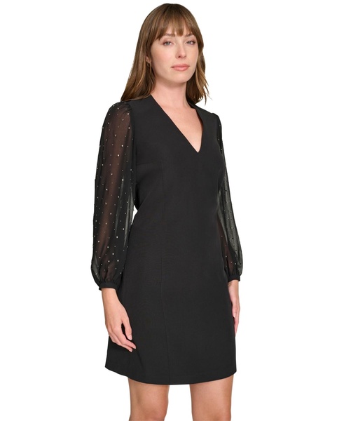 Tommy Hilfiger Women's Bedazzled Chiffon Sleeves Salon Stretch Knee Length Shift Dress