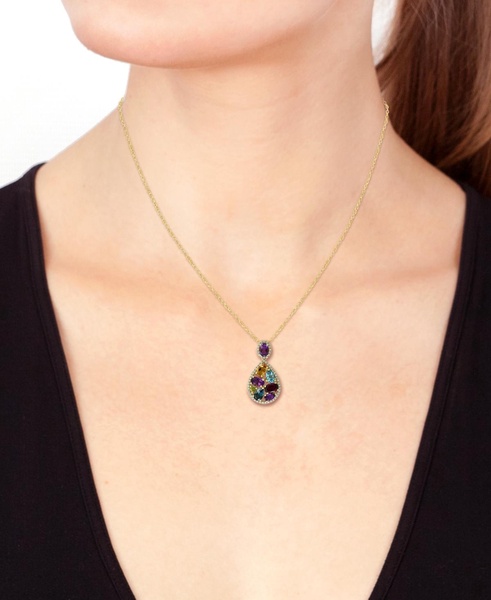 EFFY® Multi-Gemstone (3-3/4 ct. t.w.) & Diamond (1/4 ct. t.w.) Pear Halo 18" Pendant Necklace in 14k Gold