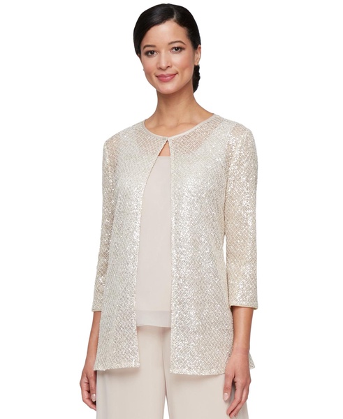 Women's Sequined 3/4-Sleeve Jacket & Chiffon Shell Set