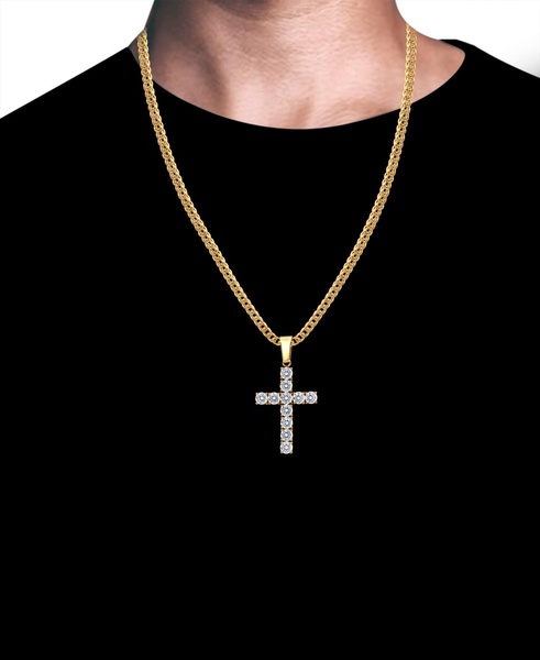 Men's Cubic Zirconia Cross 24" Pendant Necklace in Black-Ion Plated Stainless Steel