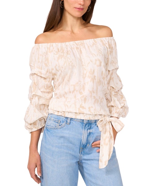 Women's Printed Linen-Blend Off-The-Shoulder Bubble-Sleeve Top