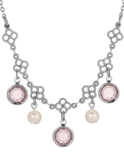 Silver-Tone Crystal Faux Cultivated Pearl Bib Necklace