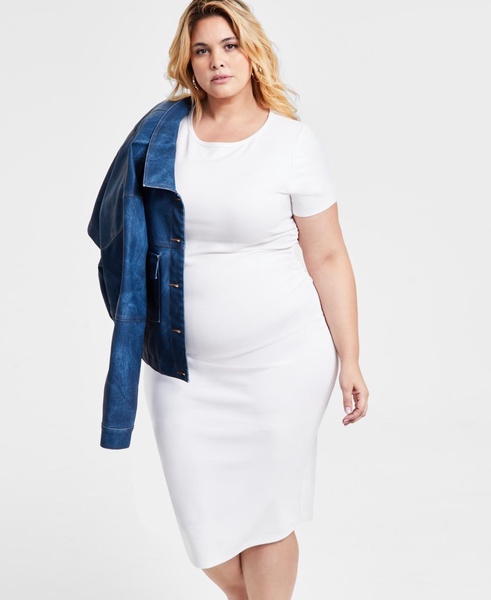 Trendy Plus Size Ponte Ruched Short-Sleeve Midi Dress, Exclusively at Macy's