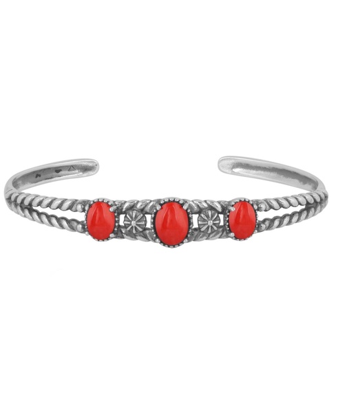 Sterling Silver Genuine Coral 3 Stone Cuff Bracelet Size Small - Large