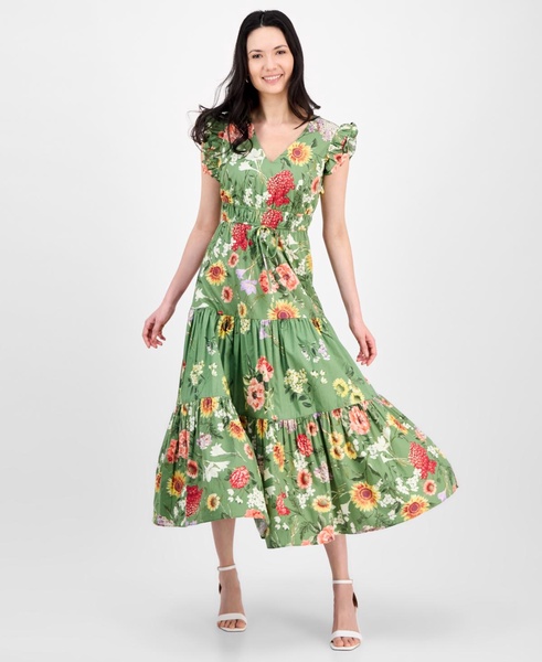 Women's Printed V-Neck Drawstring Maxi Dress