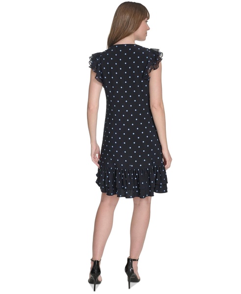 Women's Dot-Print Flutter-Sleeve Ruffled-Hem Chiffon Dress