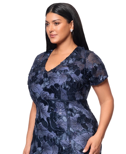 Plus Size Floral Sequin V-Neck Sheath Gown