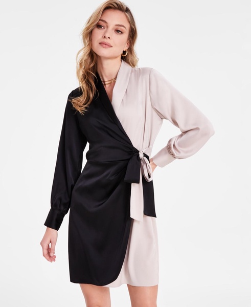 Women's Satin Color Block Tie-Front Dress, Exclusively at Macy's 