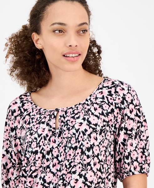Petite Elbow-Sleeve Keyhole-Cutout Floral-Print Top