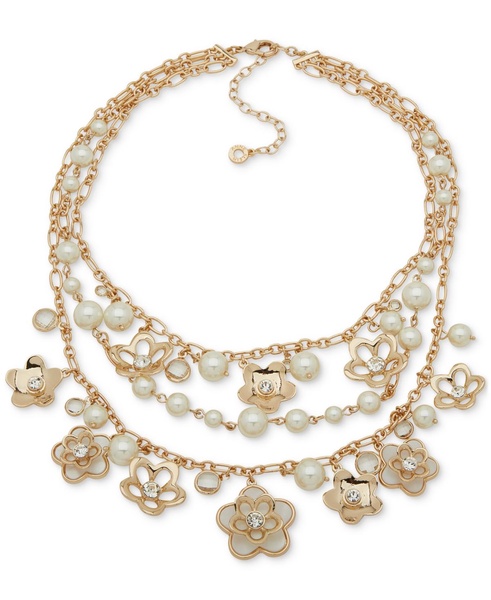 Gold-Tone Mixed Stone Flower Layered Statement Necklace, 16" + 3" extender