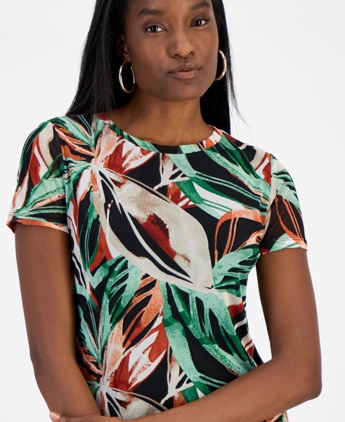 Women's Palm Print Short-Sleeve Mesh Top, Exclusively at Macy's 
