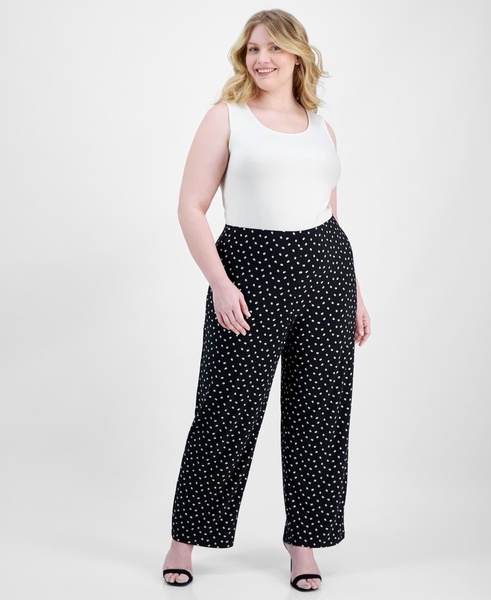 Plus Size Dot-Print Pull-On Wide-Leg Pants