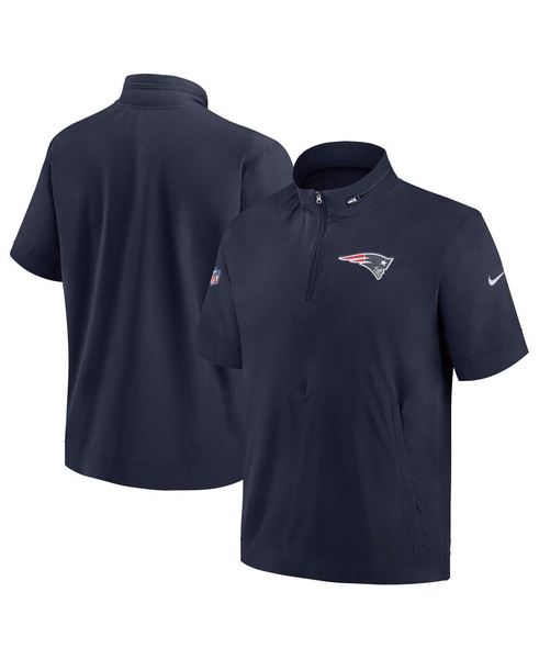 Men's Navy New England Patriots Sideline Coach Short Sleeve Hoodie Quarter-Zip Jacket