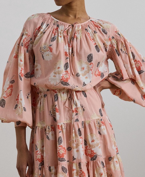 Women's Floral Voile Tiered Tie-Neck Dress