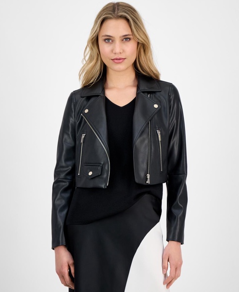 Women's Faux Leather Cropped Moto Jacket 