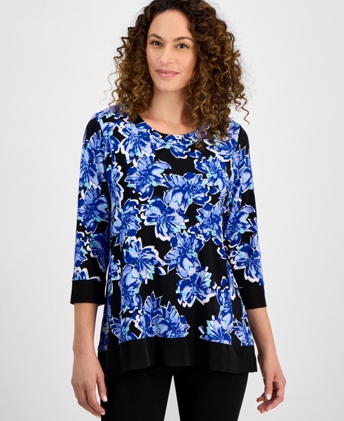 Petite 3/4-Sleeve Solid-Trim Printed Tunic 