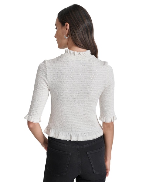 Women's Sequin Smocked Elbow-Sleeve Top